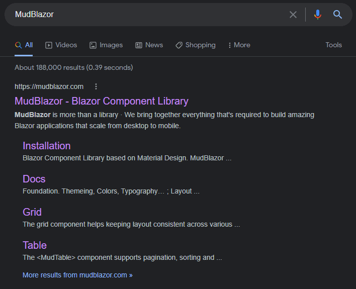 Good SEO - MudBlazor on Google